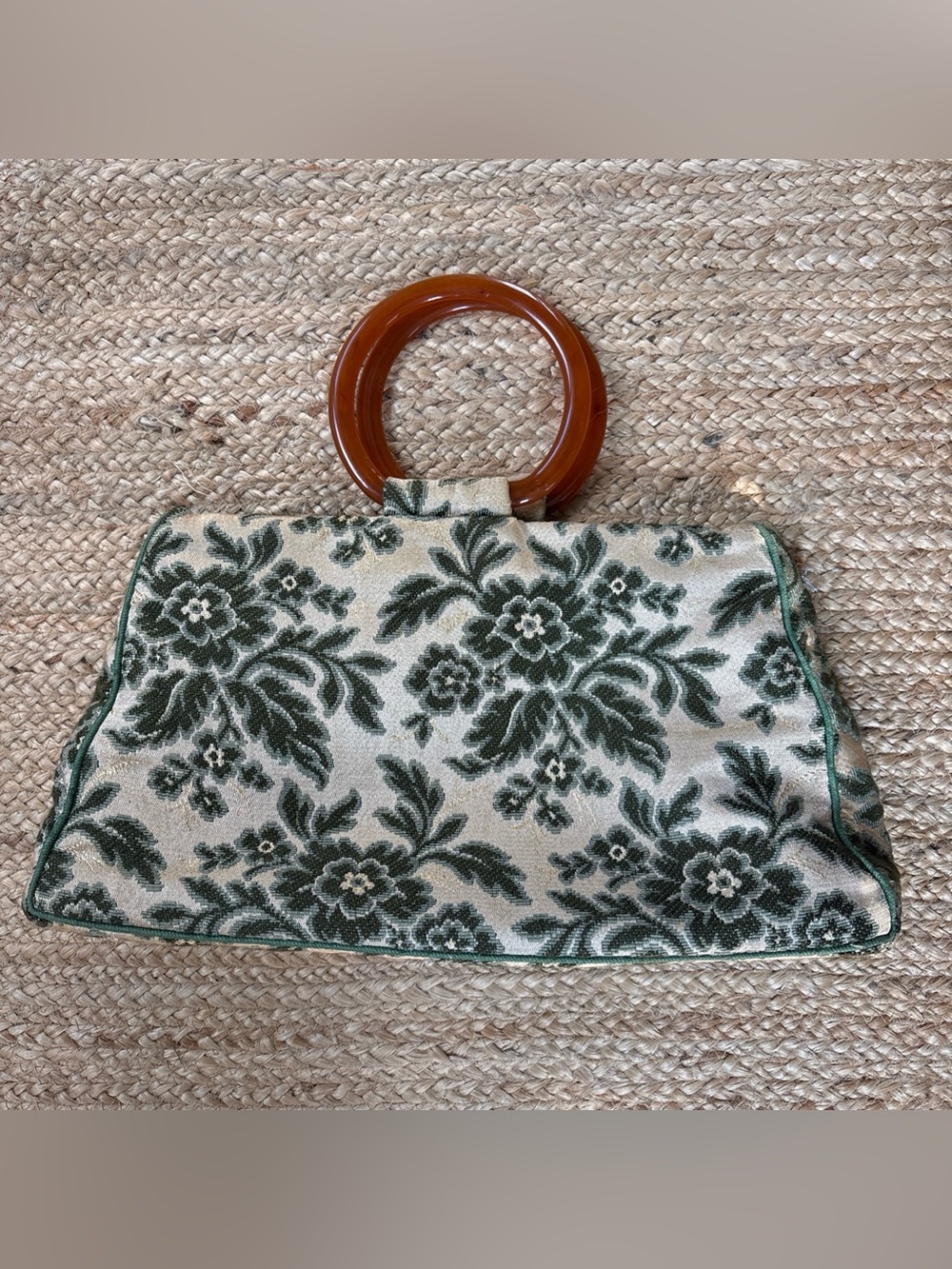 VTG MCM Green & Gold Floral Folding Tote Handbag Double Handles Retro Vibe -Read